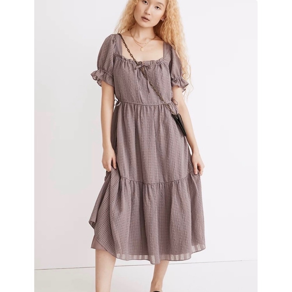 Madewell Mauve Square-Neck Tiered Midi Dress in‎ Textured Seersucker L NEW - Picture 3 of 7